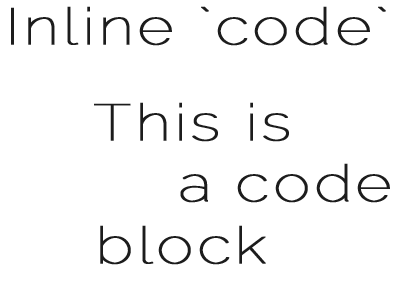 Inline `code`  This is a code block (each line is idented by at least 4 spaces or 1 tab)