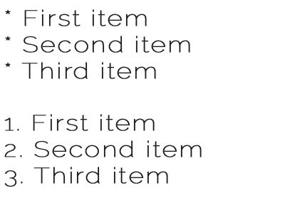 * First item\n* Second item\n* Third item\n\n1. First item\n2. Second item\n3. Third item.