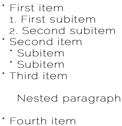 * First item\n* Second item\n* Third item\n\n1. First item\n2. Second item\n3. Third item.